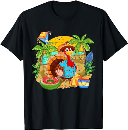 Hawaiian turkey on beach thanksgiving flowers lover family t-shirt
