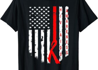 Hiv Aids Awareness T-Shirt American Flag Red Ribbon Tee