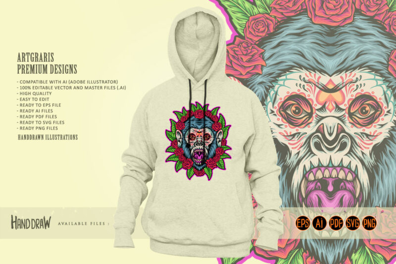 Haunted monkey sugar skull floral horror