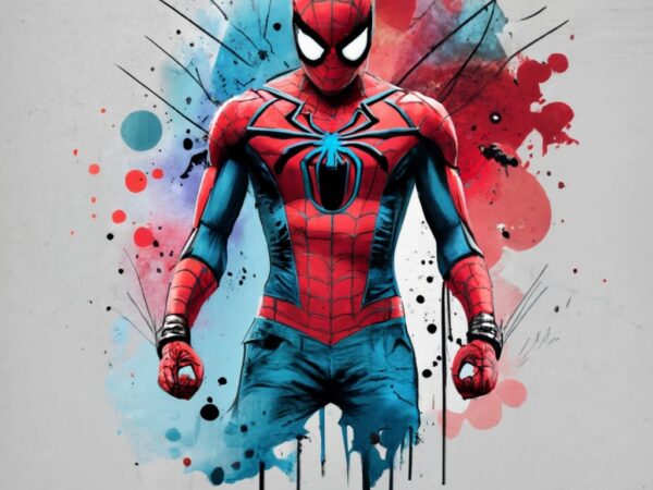 Huemac t-shirt design, spiderman. watercolor splash, with name “huemac” png file