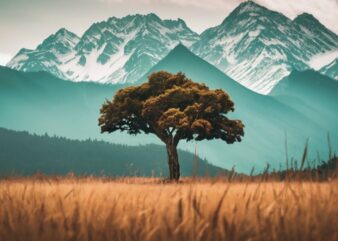 Huge beautiful tree in front of mountains. T shirt design PNG File
