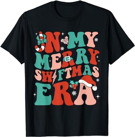 In My Merry Swiftmas Era Christmas Xmas Groovy Retro Pajamas T-Shirt