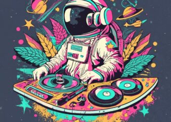 T-Shirt Design, text “Zell”, astronaut DJ with turntables, mardi Gras, carnival, party, Galaxy, Cocktails PNG File