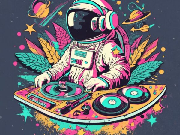 T-shirt design, text “zell”, astronaut dj with turntables, mardi gras, carnival, party, galaxy, cocktails png file