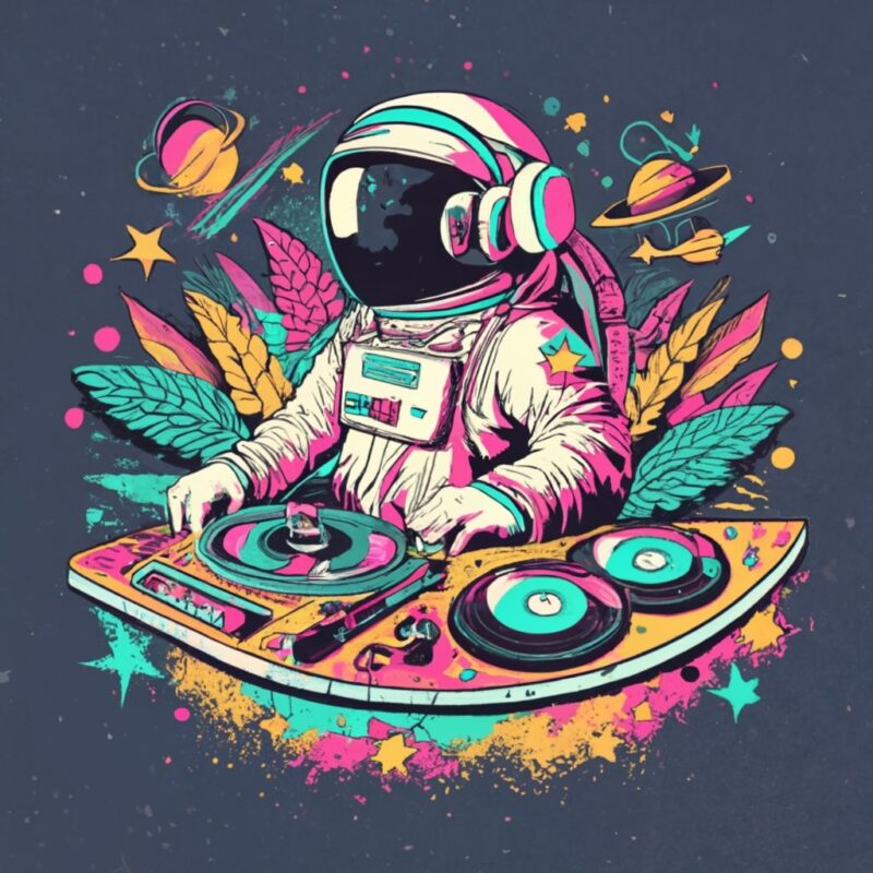 T-Shirt Design, text “Zell”, astronaut DJ with turntables, mardi Gras, carnival, party, Galaxy, Cocktails PNG File