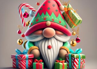 Ivana cute cartoon style christmas gnome sitting amongst wrapped presents, 3d render, on white background for t-shirt design PNG File