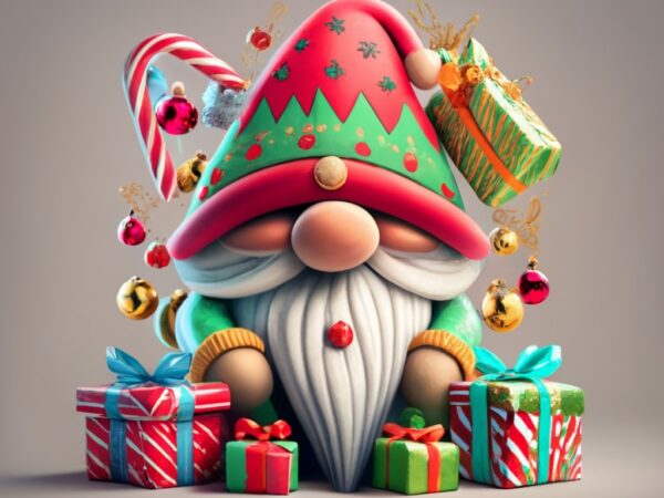 Ivana cute cartoon style christmas gnome sitting amongst wrapped presents, 3d render, on white background for t-shirt design png file