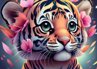 Jaam a cute colorful baby tiger, fantasy flower splashes, modern t-shirt design, Studio Ghibli style PNG File