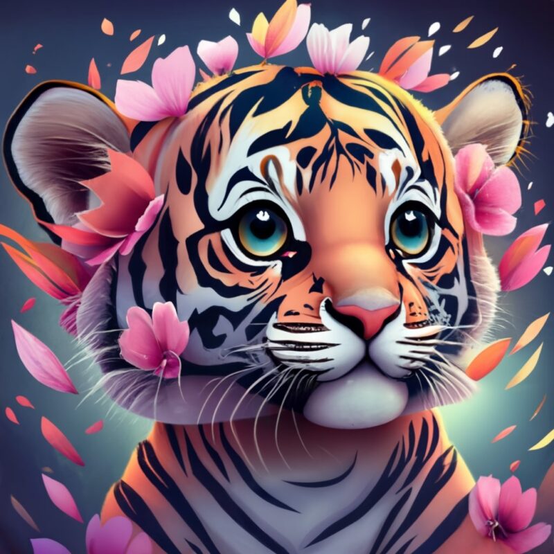 Jaam a cute colorful baby tiger, fantasy flower splashes, modern t-shirt design, Studio Ghibli style PNG File