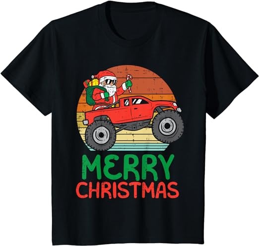 Kids Merry Christmas Santa Monster Truck Xmas PJ Toddler Boy Kids T-Shirt