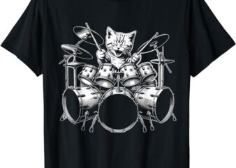 Kitten Rock Band Funny Kitty Drummer Cat Playing Drums T-Shirt