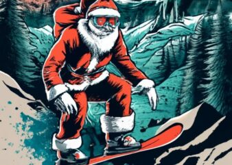 “Krystian” t-shirt design, of Santa with a clear highly detailed face, wearing ski goggles, snowboarding down a wintery mountain PNG File