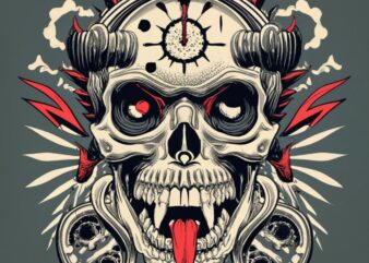 MAKE A CLOCK BY MIXING A VAMPIRE SKULL WITH SHARP TEETH AND ANGRY BLACK EYES AND REALISTIC CLOCK WITH COMPLICATED AND DEMONIC ANGRY DESIGN A