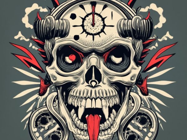 Make a clock by mixing a vampire skull with sharp teeth and angry black eyes and realistic clock with complicated and demonic angry design a