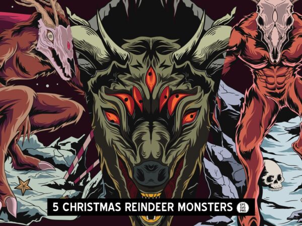 Christmas reindeer monster t-shirt designs bundle, deer monster t-shirt design artwork, christmas t-shirt design vector