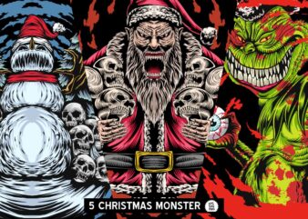 Christmas Monster T-shirt Designs Bundle, Christmas Creatures Vector Bundle, Christmas Graphic T-shirt, T-shirt Designs for Commercial Use