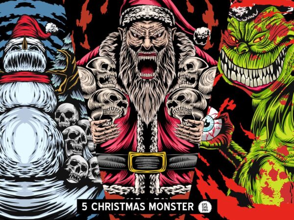 Christmas monster t-shirt designs bundle, christmas creatures vector bundle, christmas graphic t-shirt, t-shirt designs for commercial use