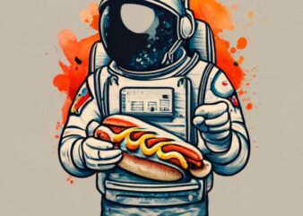 Mamza t-shirt design, astronaut on the street eating cheese hot dog. watercolor splash, with the name “suburbanos” PNG File