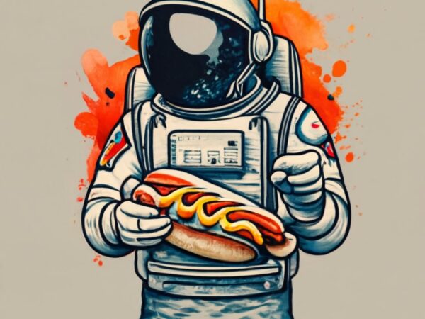 Mamza t-shirt design, astronaut on the street eating cheese hot dog. watercolor splash, with the name “suburbanos” png file