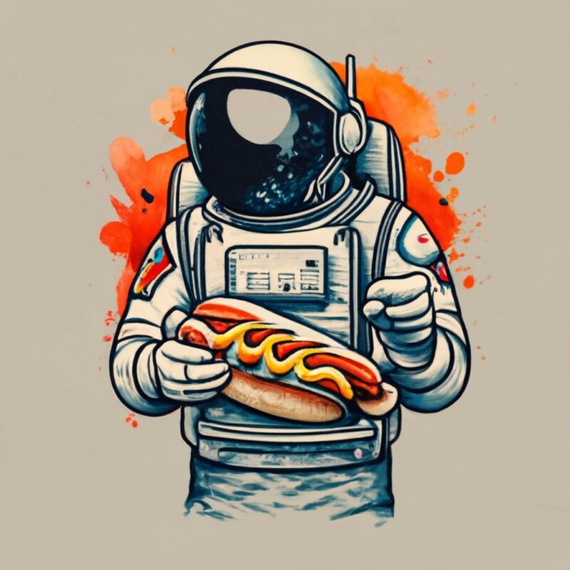 Mamza t-shirt design, astronaut on the street eating cheese hot dog. watercolor splash, with the name “suburbanos” PNG File