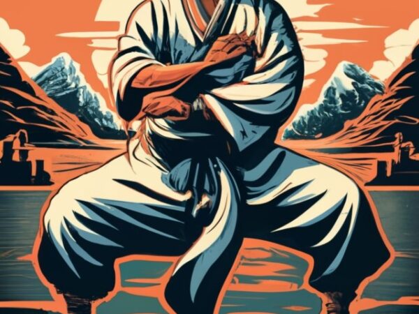 Martial arts master: a wise and battle-worn martial arts master, in traditional attire, displaying serenity and strength, practicing ancient t shirt designs for sale