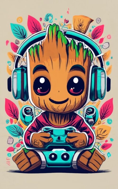 Marvel Baby Groot “MAURICIO” gamer 2D on a t-shirt design with a white background “A JUGAR” PNG File