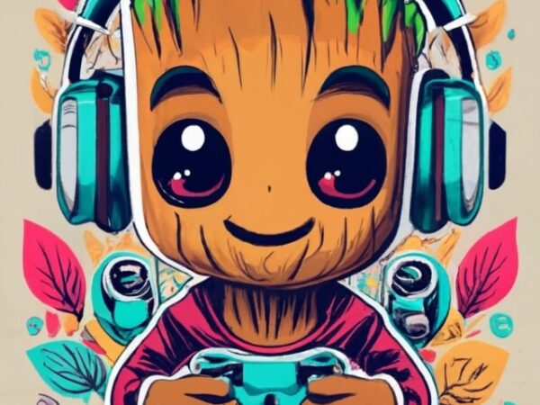 Marvel baby groot “mauricio” gamer 2d on a t-shirt design with a white background “a jugar” png file