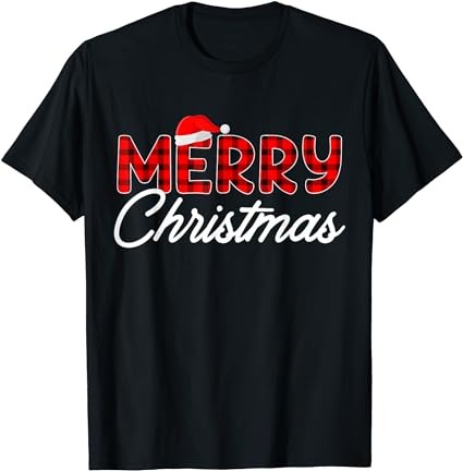 Merry Christmas Buffalo Plaid Red Santa Hat Xmas Pajamas T-Shirt - Buy ...