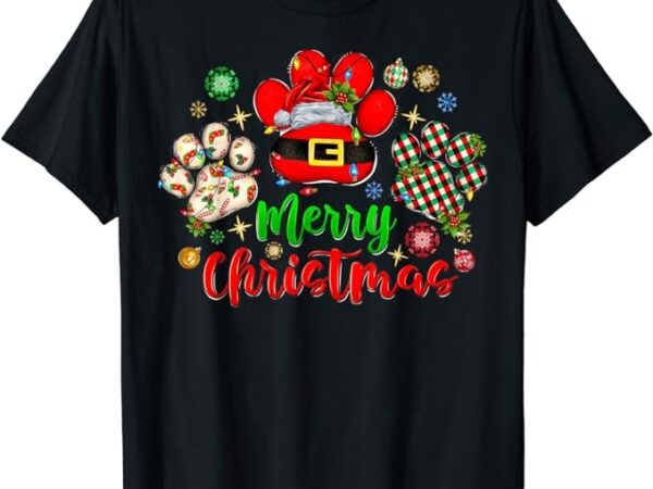 Merry christmas dog paws lights buffalo plaid & leopard xmas t-shirt