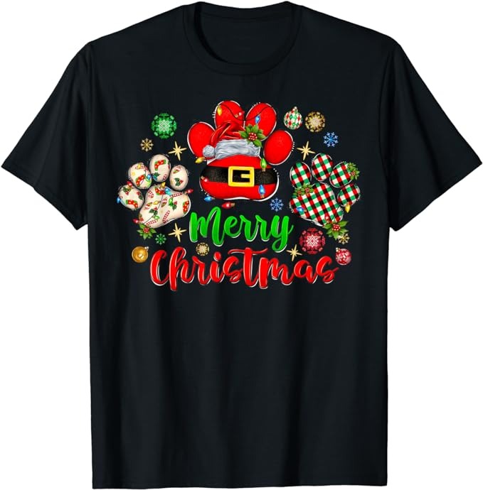 Merry Christmas Dog Paws Lights Buffalo Plaid & Leopard Xmas T-Shirt