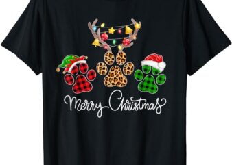 Merry Christmas Dog Paws Lights Buffalo Plaid & Leopard Xmas T-Shirt