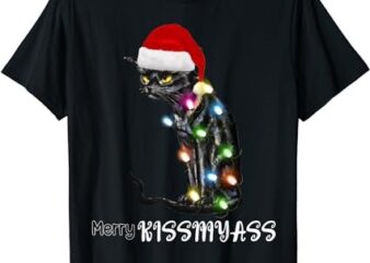 Merry Kissmyass Funny Cat Christmas Lights T-Shirt