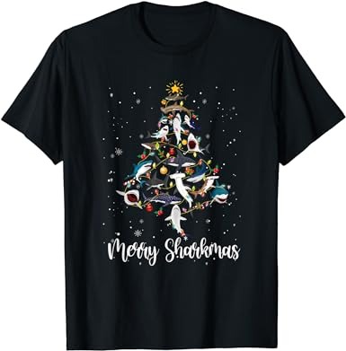 Merry sharkmas funny shark christmas tree t-shirt