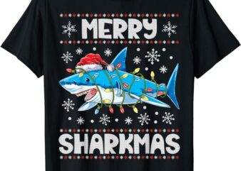 Merry Sharkmas Shark Santa Ugly Christmas Lights Boys Xmas T-Shirt