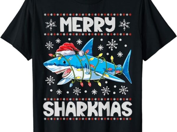 Merry sharkmas shark santa ugly christmas lights boys xmas t-shirt