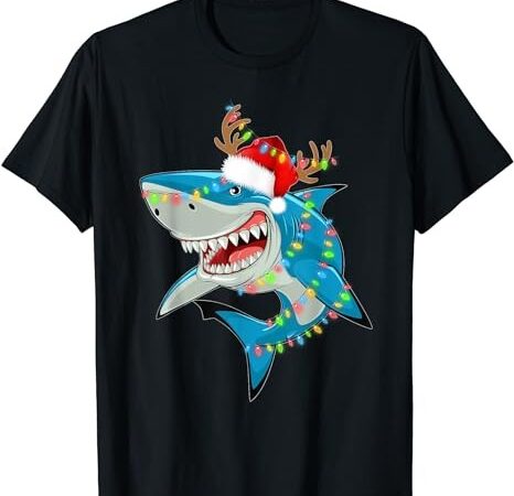Merry sharkmas shark with santa hat christmas lights xmas t-shirt