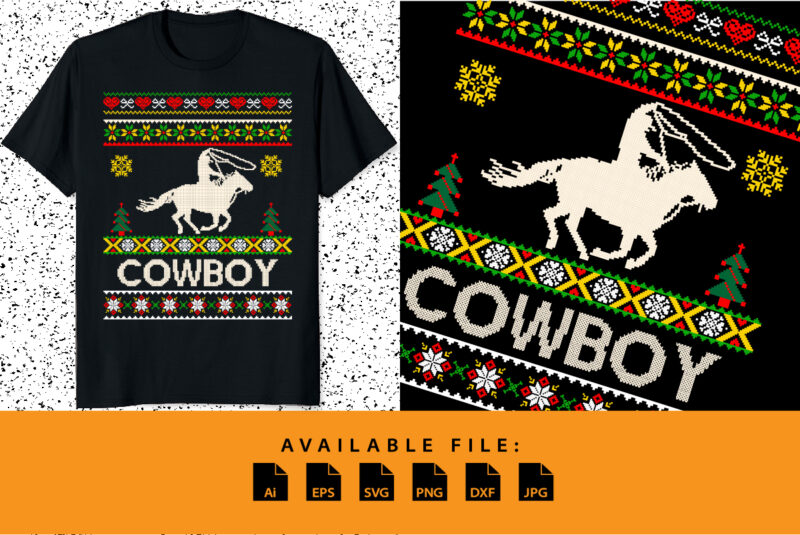 Ugly Christmas cowboy Merry Christmas shirt print template Happy Xmas horse pixel art vector design