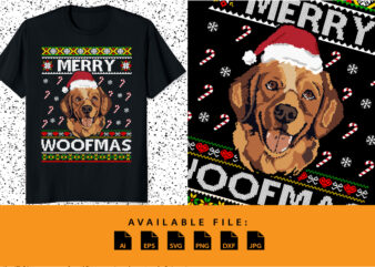 GSP Dog Merry Woofmas Ugly Christmas typography shirt print template Funny Xmas pixel art dog Santa’s stick hat Xmas pattern vector design