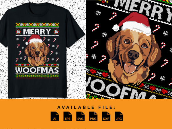 Gsp dog merry woofmas ugly christmas typography shirt print template funny xmas pixel art dog santa’s stick hat xmas pattern vector design