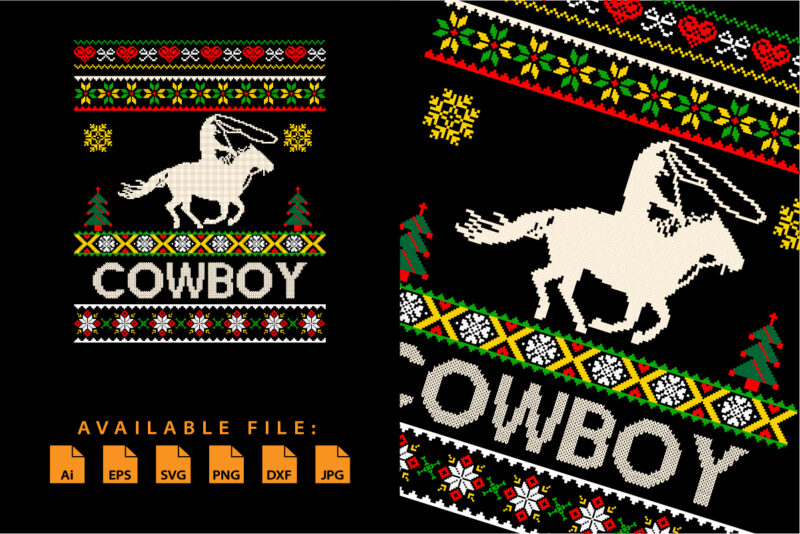Ugly Christmas cowboy Merry Christmas shirt print template Happy Xmas horse pixel art vector design