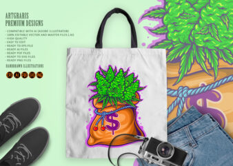 Money grows buds cannabis dollar sack t shirt designs for sale