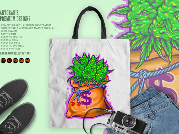 Money grows buds cannabis dollar sack t shirt designs for sale