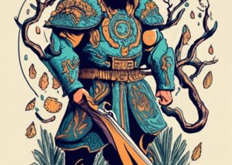 Mystical Druid Warrior: A druid warrior with intricate nature-themed armor, wielding enchanted vines and elemental powers, embodying a deep t shirt designs for sale