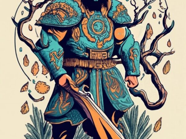 Mystical druid warrior: a druid warrior with intricate nature-themed armor, wielding enchanted vines and elemental powers, embodying a deep t shirt designs for sale