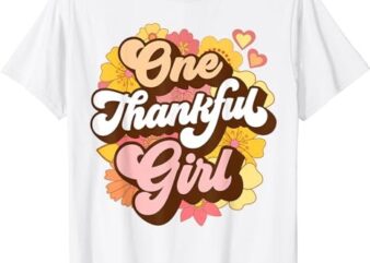 One Thankful Girl Retro Groovy Fall Thanksgiving Flowers T-Shirt PNG File