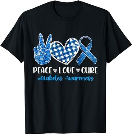 Peace love cure grey blue ribbon diabetes awareness t-shirt