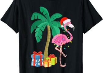 Pink Flamingo Christmas Palm Tree Tropical Xmas Funny T-Shirt