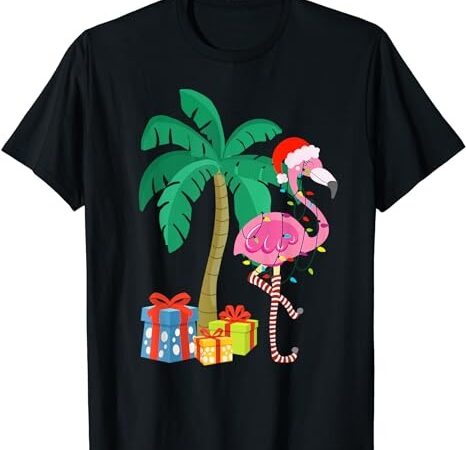 Pink flamingo christmas palm tree tropical xmas funny t-shirt