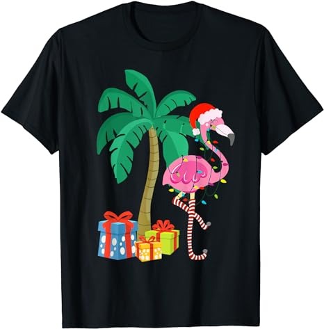 Pink Flamingo Christmas Palm Tree Tropical Xmas Funny T-Shirt