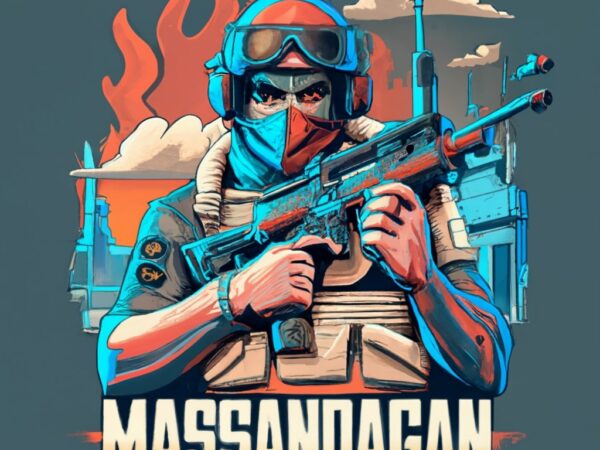 Realistic tshirt design for counter-terrorist soldier holding sniper,3d name “masandagan” in war png file